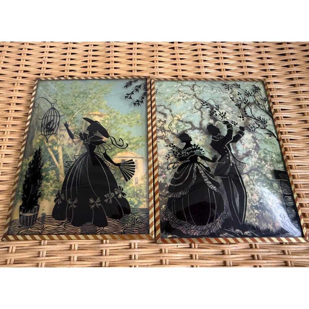 Vintage 40's Pair Reverse Painted Silhouette Pictures Convex Trees Convex Glass
